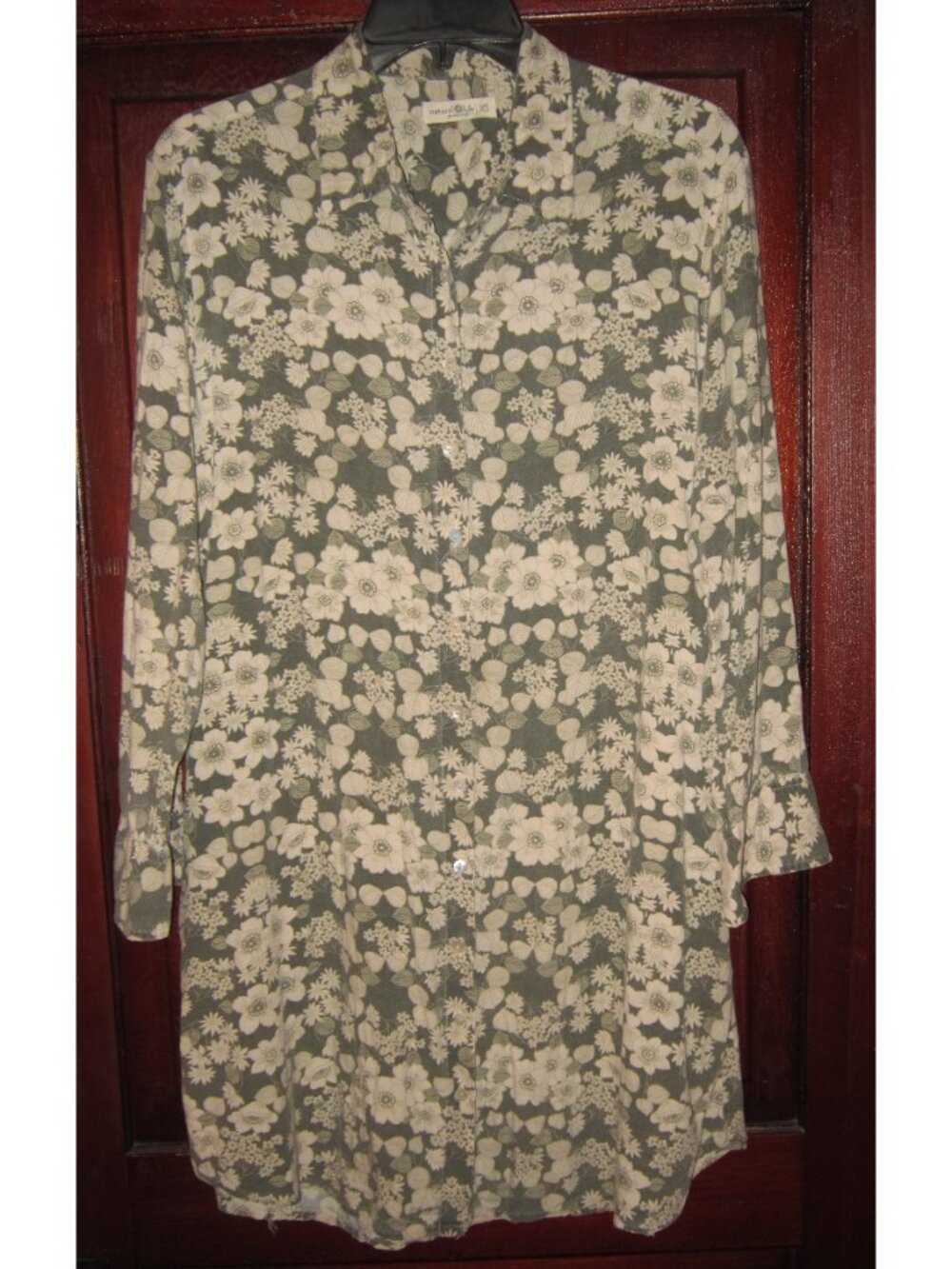Natural Life XS S Shirt Dress Tunic Floral Print Rustic Green Beige Pockets Soft